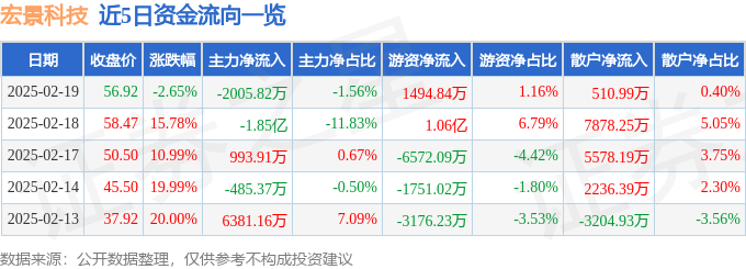九游app入口：宏景科技（301396）2月19日主力资金净卖出200582万元