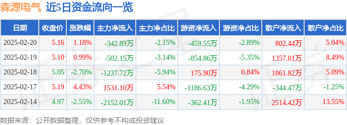 九游体育：股票行情快报：森源电气（002358）2月20日主力资金净卖出34289万元
