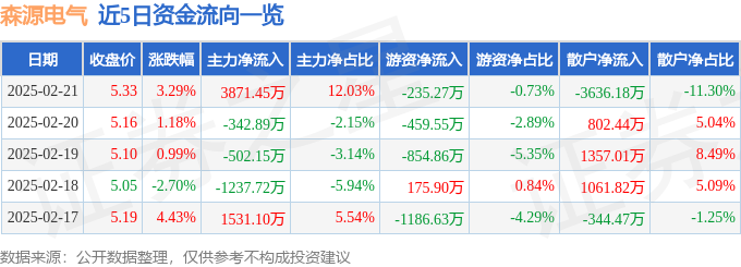 九游app：股票行情快报：森源电气（002358）2月21日主力资金净买入387145万元