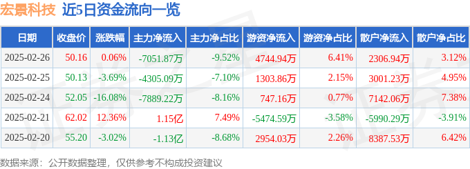 股票行情快报：宏景科技（301396）2月26日主力资金净卖出705187万元