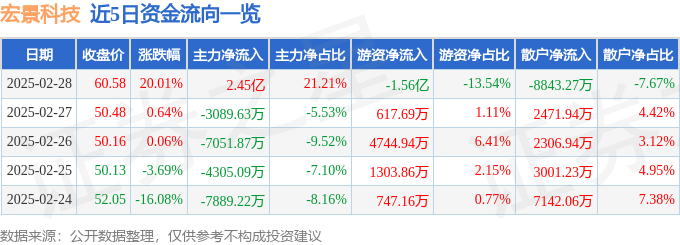 九游体育：宏景科技（301396）2月28日主力资金净买入245亿元