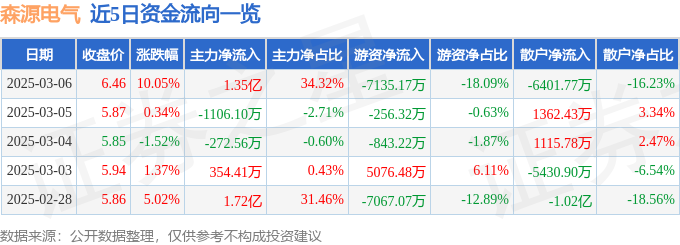 九游app入口：森源电气（002358）3月6日主力资金净买入135亿元