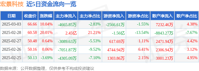 宏景科技（301396）3月3日主力资金净卖出466585万元